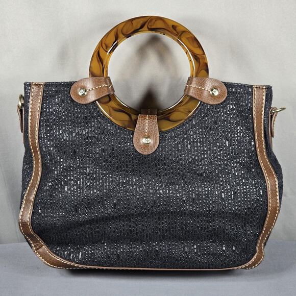 Relic by Fossil Ring Handle Tote Black Woven Bag Brown Trim Tortoise Acrylic - Picture 4 of 12
